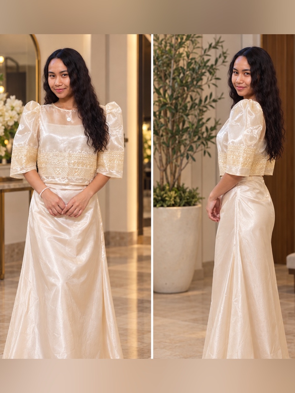 Filipiniana Mestiza Blouse with Apricot Colored Maxi Skirt Set